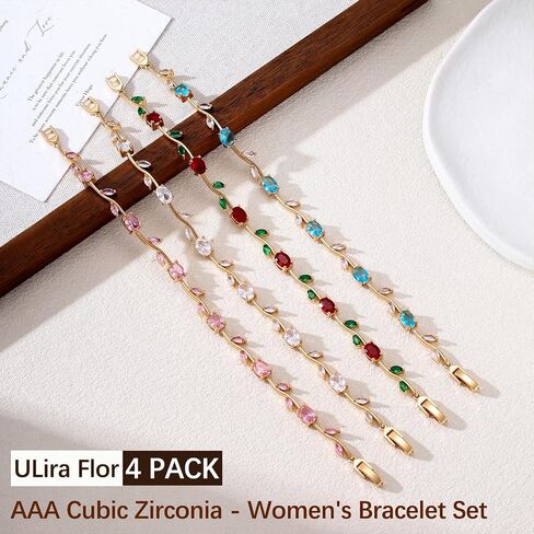 4-Piece Flower Bracelet Set for Women, 18K Gold Plated - AAA Cubic Zirconia Gemstone, Dainty Vintage Trendy Stackable Floral Leaf Bracelets Multi Color, Waterproof, Non Tarnish, Fashion Jewelry Accessories, Gift Idea for Mother's Day, Valentine's Day, Chr in Kuwait