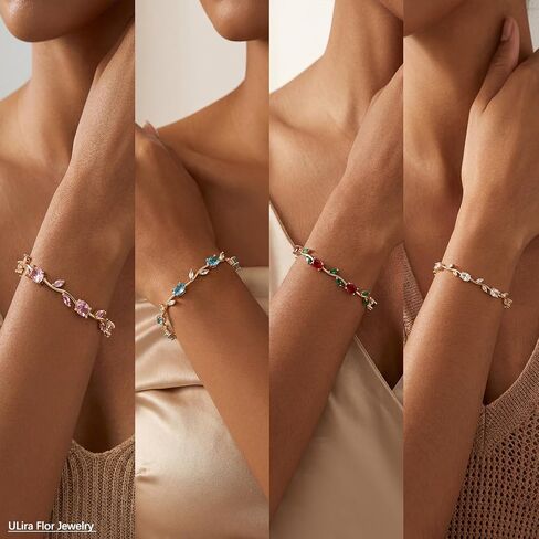 4-Piece Flower Bracelet Set for Women, 18K Gold Plated - AAA Cubic Zirconia Gemstone, Dainty Vintage Trendy Stackable Floral Leaf Bracelets Multi Color, Waterproof, Non Tarnish, Fashion Jewelry Accessories, Gift Idea for Mother's Day, Valentine's Day, Chr in Kuwait