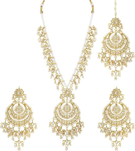 Aheli Artificial Kundan Pearls Studded White Necklace with Earrings Set Elegant Ethnic Fashion Bharatanatyam jewellery set for Women in Saudi Arabia