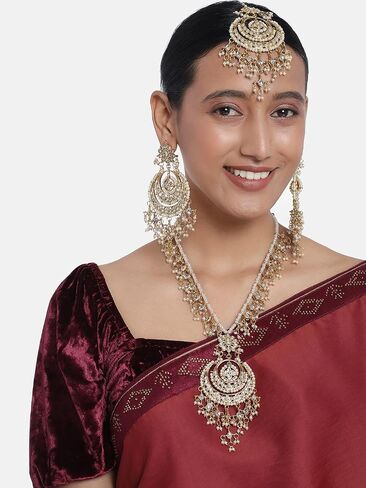 Aheli Artificial Kundan Pearls Studded White Necklace with Earrings Set Elegant Ethnic Fashion Bharatanatyam jewellery set for Women in Saudi Arabia