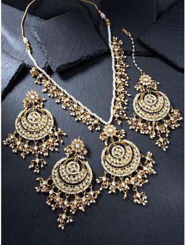 Aheli Artificial Kundan Pearls Studded White Necklace with Earrings Set Elegant Ethnic Fashion Bharatanatyam jewellery set for Women in Saudi Arabia