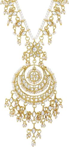Aheli Artificial Kundan Pearls Studded White Necklace with Earrings Set Elegant Ethnic Fashion Bharatanatyam jewellery set for Women in Saudi Arabia