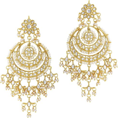 Aheli Artificial Kundan Pearls Studded White Necklace with Earrings Set Elegant Ethnic Fashion Bharatanatyam jewellery set for Women in Saudi Arabia