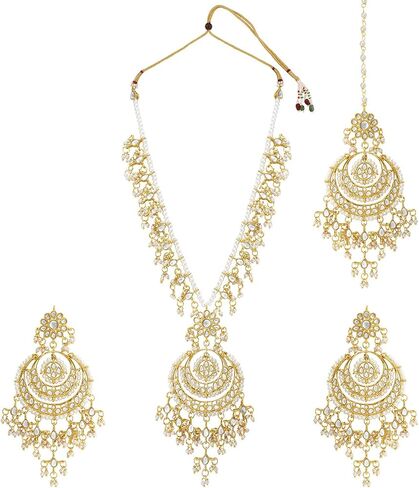 Aheli Artificial Kundan Pearls Studded White Necklace with Earrings Set Elegant Ethnic Fashion Bharatanatyam jewellery set for Women in Saudi Arabia