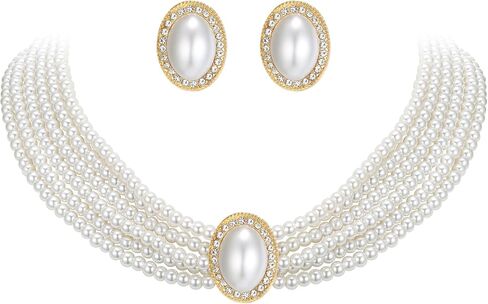 Flyonce 1920s Gatsby Flapper Pearl Jewelry Set, Vintage Art Deco Style Rhinestone Crystal Multi-Strand Pearl Choker Necklace and Stud Earrings Roaring 20s Costume Jewellery Sets for Wedding Party in Kuwait