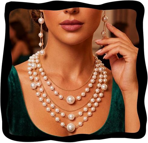 Aukmla Pearl Jewelry Set Gold Layered Necklaces and Earring Sets Wedding Prom Jewelry for Women in Kuwait