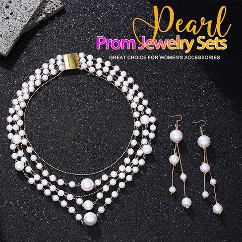 Aukmla Pearl Jewelry Set Gold Layered Necklaces and Earring Sets Wedding Prom Jewelry for Women in Kuwait