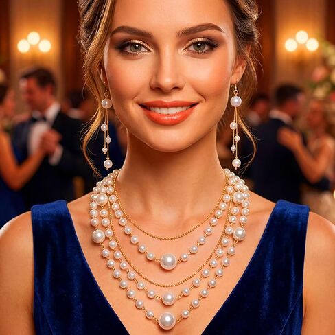 Aukmla Pearl Jewelry Set Gold Layered Necklaces and Earring Sets Wedding Prom Jewelry for Women in Kuwait