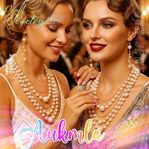 Aukmla Pearl Jewelry Set Gold Layered Necklaces and Earring Sets Wedding Prom Jewelry for Women in Kuwait