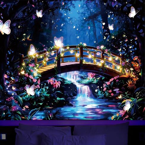 نسيج Kosseco Butterfly Blacklight، نسيج جداري خفيف أسود نباتي لملصقات غرفة النوم، توهج تفاعلي للأشعة فوق البنفسجية في الظلام، نسيج معلق على الحائط لديكور غرفة المعيشة (60 بوصة × 80 بوصة) in Kuwait