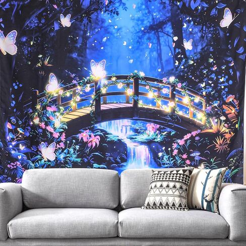نسيج Kosseco Butterfly Blacklight، نسيج جداري خفيف أسود نباتي لملصقات غرفة النوم، توهج تفاعلي للأشعة فوق البنفسجية في الظلام، نسيج معلق على الحائط لديكور غرفة المعيشة (60 بوصة × 80 بوصة) in Kuwait