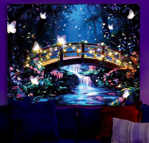 نسيج Kosseco Butterfly Blacklight، نسيج جداري خفيف أسود نباتي لملصقات غرفة النوم، توهج تفاعلي للأشعة فوق البنفسجية في الظلام، نسيج معلق على الحائط لديكور غرفة المعيشة (60 بوصة × 80 بوصة) in Kuwait