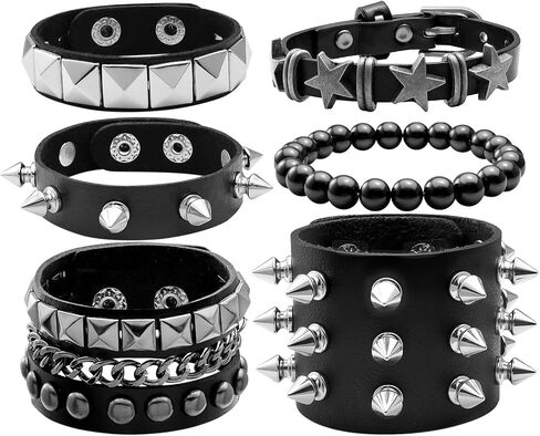 6 Pcs Punk Rock Spiked Studded Bracelets Set for Women Men 80s Alt Gothic Grunge Emo Bracelets Accessories Retro Beaded Star Y2K Cuff Bracelet PU Snap Button Wristband for Rocker Outfits in Kuwait