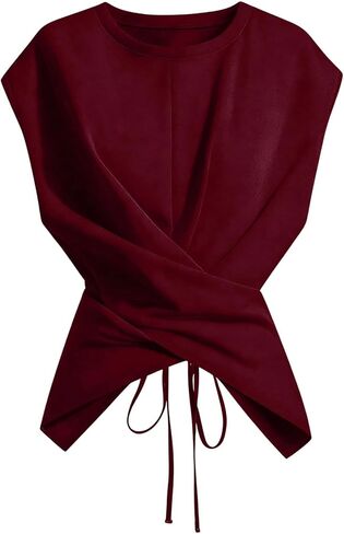 WDIRARA Women's Plus Size Wrap Cinched Waist T Shirts Tie Back Cap Sleeve Tops in Saudi Arabia