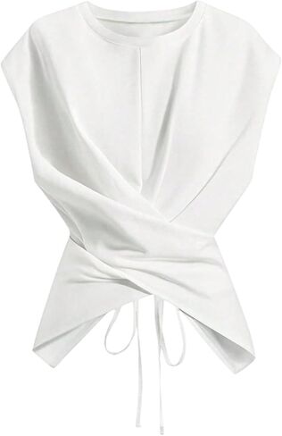 WDIRARA Women's Plus Size Wrap Cinched Waist T Shirts Tie Back Cap Sleeve Tops in Kuwait
