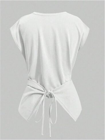 WDIRARA Women's Plus Size Wrap Cinched Waist T Shirts Tie Back Cap Sleeve Tops in Kuwait