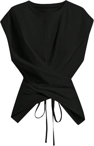 WDIRARA Women's Plus Size Wrap Cinched Waist T Shirts Tie Back Cap Sleeve Tops in Kuwait