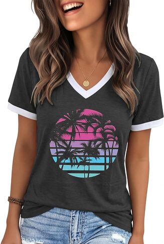 Women's T-Shirts V Neck Graphic Tees Vintage Funny Short Sleeve Shirt Cute Loose Summer Tops in Saudi Arabia