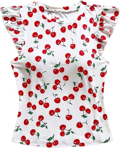 Women's Plus Size Cute Cherry Graphic Tees Summer Ruffle Cap Sleeve Fitted Vacation T Shirts in Kuwait