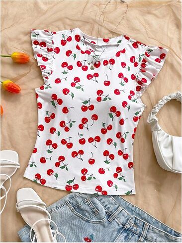 Women's Plus Size Cute Cherry Graphic Tees Summer Ruffle Cap Sleeve Fitted Vacation T Shirts in Kuwait
