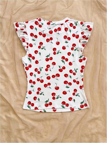 Women's Plus Size Cute Cherry Graphic Tees Summer Ruffle Cap Sleeve Fitted Vacation T Shirts in Kuwait