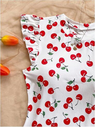 Women's Plus Size Cute Cherry Graphic Tees Summer Ruffle Cap Sleeve Fitted Vacation T Shirts in Kuwait