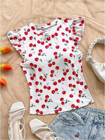 Women's Plus Size Cute Cherry Graphic Tees Summer Ruffle Cap Sleeve Fitted Vacation T Shirts in Kuwait