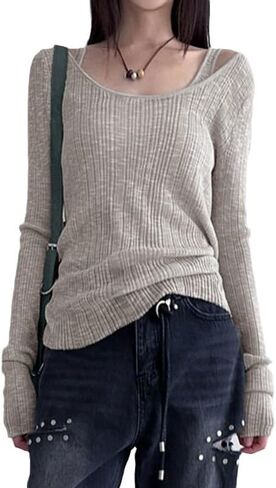 Women's Y2K Coquette Two Piece Set Harajuku Crew Neck Off-The-Shoulder Knitwear Aesthetics Long Sleeve Pullover in Saudi Arabia