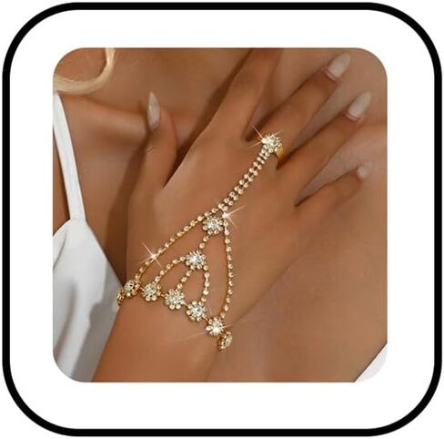 Rhinestone Flower Hand Chain Bracelet for Women Sparkling Crystal Bridal Wedding Hand Chain Ring Bracelet Elegant Cubic Zirconia Tassel Wrist Bracelets Bridal Wedding Bridesmaids Party Jewelry in Saudi Arabia