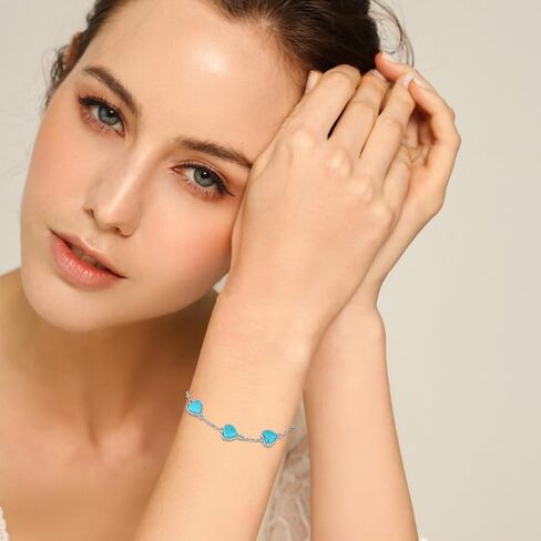 Nutural Turquoise Heart Link Bracelet for Women 925 Sterling Silver Real Turquoise Gemstone Bracelets Western Boho Jewelry Gifts for Mom Wife Her in Kuwait