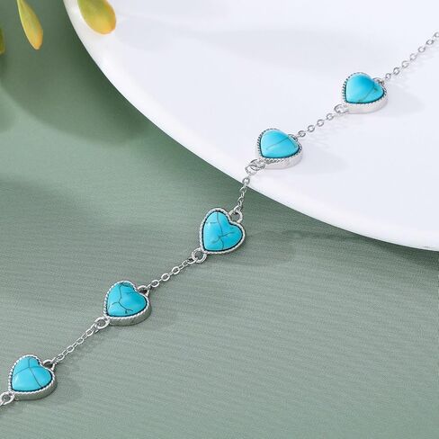 Nutural Turquoise Heart Link Bracelet for Women 925 Sterling Silver Real Turquoise Gemstone Bracelets Western Boho Jewelry Gifts for Mom Wife Her in Kuwait