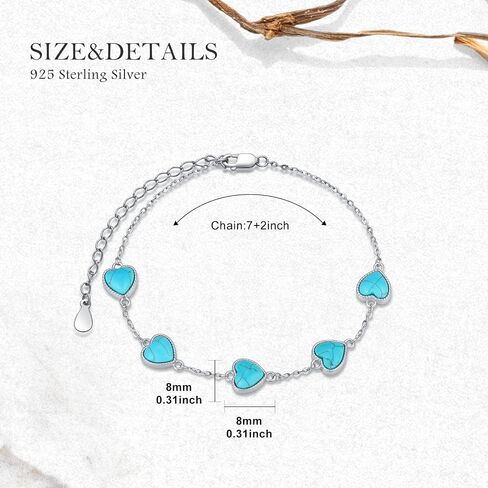 Nutural Turquoise Heart Link Bracelet for Women 925 Sterling Silver Real Turquoise Gemstone Bracelets Western Boho Jewelry Gifts for Mom Wife Her in Kuwait