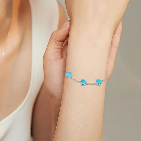 Nutural Turquoise Heart Link Bracelet for Women 925 Sterling Silver Real Turquoise Gemstone Bracelets Western Boho Jewelry Gifts for Mom Wife Her in Kuwait