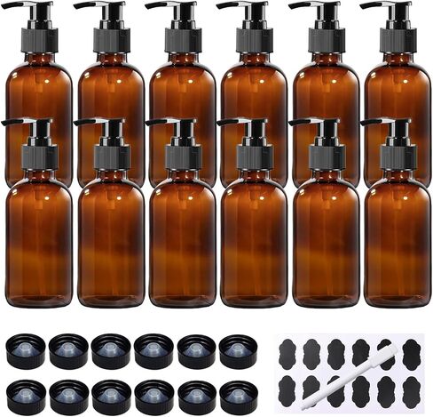 12 Pack 8 oz Amber Glass Bottles with Pumps for Essential Oils, Cleaning Products, Lotions, Aromatherapy Oil, Pump Bottles, Refillable Containers with Cap, Funnel, 12 Chalk Labels, 1 Pen in Saudi Arabia