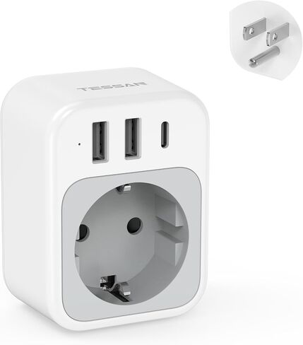 TESSAN EU to US Plug Adapter, European Travel Adaptor with 1 AC Outlet and 3 USB Ports(1 USB C), Most of Europe Germany France Korea Greece Type C/E/F Plugs to US Power Adapter in Kuwait