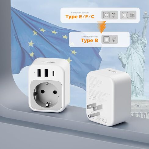 TESSAN EU to US Plug Adapter, European Travel Adaptor with 1 AC Outlet and 3 USB Ports(1 USB C), Most of Europe Germany France Korea Greece Type C/E/F Plugs to US Power Adapter in Kuwait