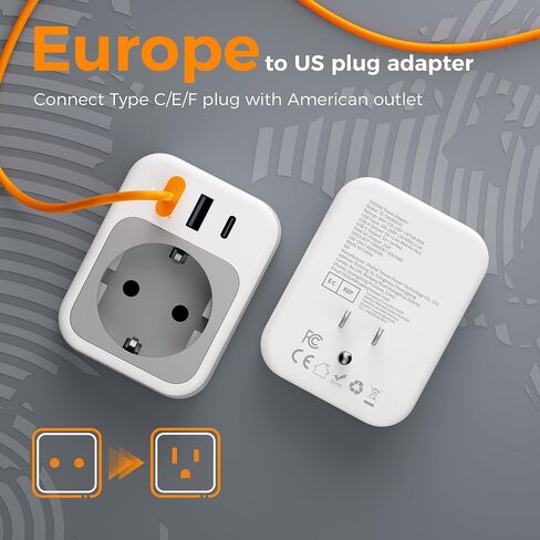 TESSAN EU to US Plug Adapter, European Travel Adaptor with 1 AC Outlet and 3 USB Ports(1 USB C), Most of Europe Germany France Korea Greece Type C/E/F Plugs to US Power Adapter in Kuwait