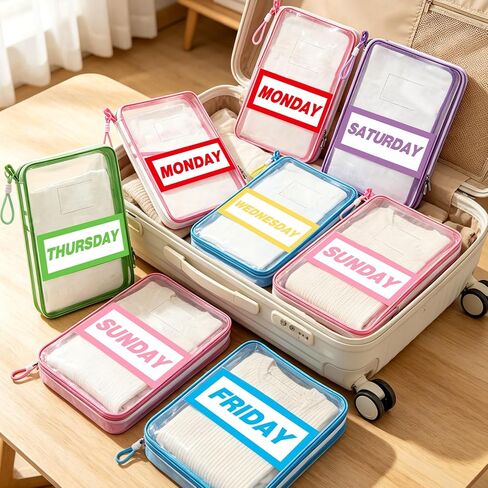 7 Pack Clear Packing Cubes for Travel Days of Week Packing Cubes with Labels Colored Lanyards Luggage Organizer Bags for Travel Summer Camping Essentials in Saudi Arabia