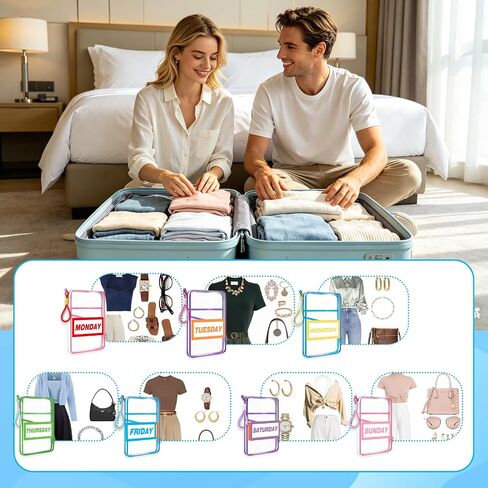 7 Pack Clear Packing Cubes for Travel Days of Week Packing Cubes with Labels Colored Lanyards Luggage Organizer Bags for Travel Summer Camping Essentials in Saudi Arabia