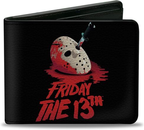 Buckle-Down Warner Bros. Horror Movies Wallet, Bifold, Friday the 13th Vintage Jason Mask Poster Black Red, Vegan Leather in Kuwait