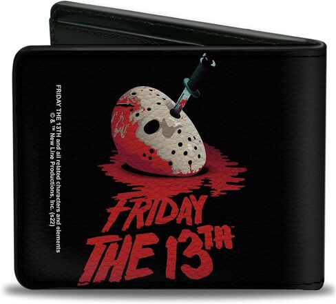Buckle-Down Warner Bros. Horror Movies Wallet, Bifold, Friday the 13th Vintage Jason Mask Poster Black Red, Vegan Leather in Kuwait