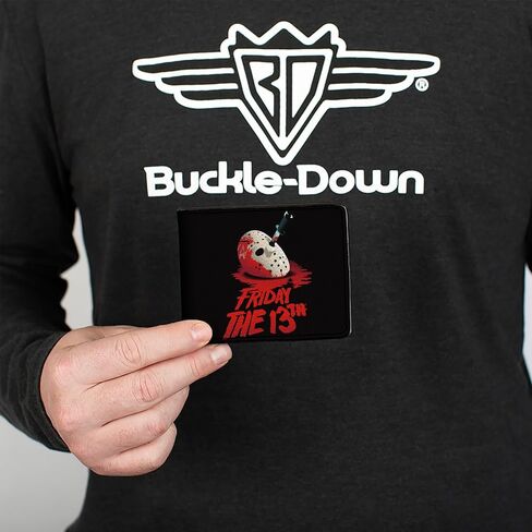 Buckle-Down Warner Bros. Horror Movies Wallet, Bifold, Friday the 13th Vintage Jason Mask Poster Black Red, Vegan Leather in Kuwait