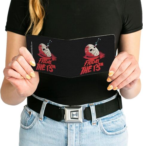 Buckle-Down Warner Bros. Horror Movies Wallet, Bifold, Friday the 13th Vintage Jason Mask Poster Black Red, Vegan Leather in Kuwait