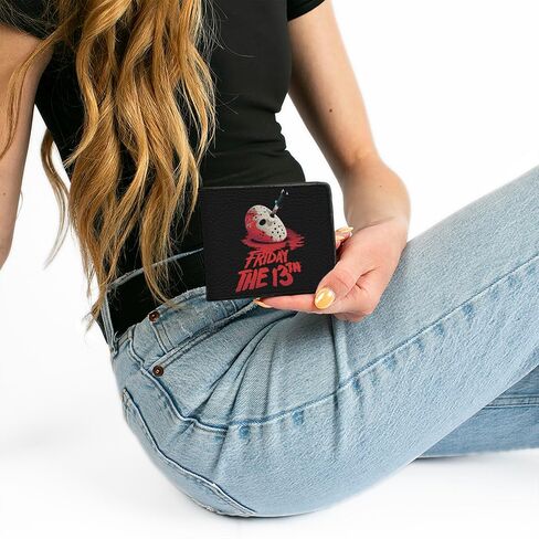Buckle-Down Warner Bros. Horror Movies Wallet, Bifold, Friday the 13th Vintage Jason Mask Poster Black Red, Vegan Leather in Kuwait