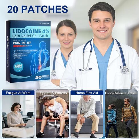 Pain Relief Patches Lidocaine 4% Maximum Strength (20 Patches)- 12 Hours Ice Pain Relieving Patch,Flexible Back Pain Relief Gel Patches for Knee Muscle Neck Shoulder Hand-1PACK in Kuwait