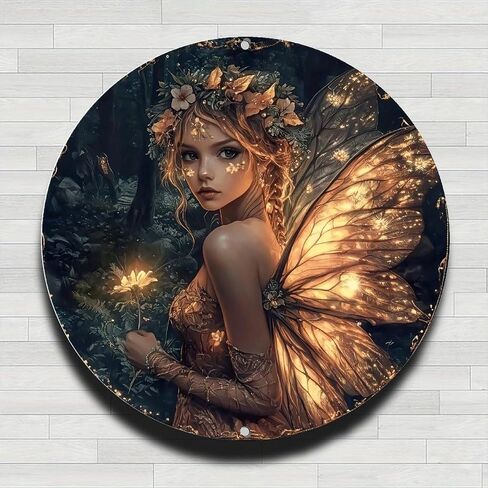 Glowing Fairy Holding Flower in Dark Forest Vintage Rustic Aluminum Metal Round Wall Sign -8in Indoor Outdoor Gifts And Decor for Home, Office, Cafe & Yard in Kuwait