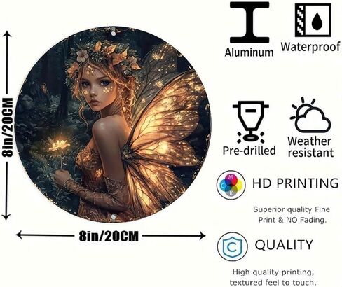 Glowing Fairy Holding Flower in Dark Forest Vintage Rustic Aluminum Metal Round Wall Sign -8in Indoor Outdoor Gifts And Decor for Home, Office, Cafe & Yard in Kuwait