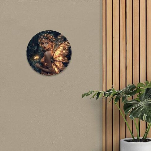 Glowing Fairy Holding Flower in Dark Forest Vintage Rustic Aluminum Metal Round Wall Sign -8in Indoor Outdoor Gifts And Decor for Home, Office, Cafe & Yard in Kuwait