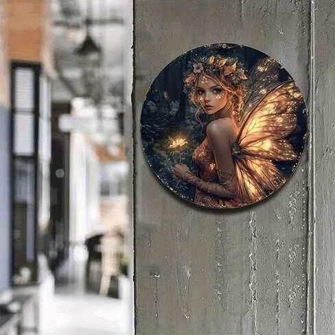 Glowing Fairy Holding Flower in Dark Forest Vintage Rustic Aluminum Metal Round Wall Sign -8in Indoor Outdoor Gifts And Decor for Home, Office, Cafe & Yard in Kuwait