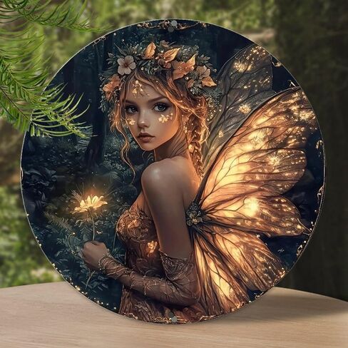 Glowing Fairy Holding Flower in Dark Forest Vintage Rustic Aluminum Metal Round Wall Sign -8in Indoor Outdoor Gifts And Decor for Home, Office, Cafe & Yard in Kuwait